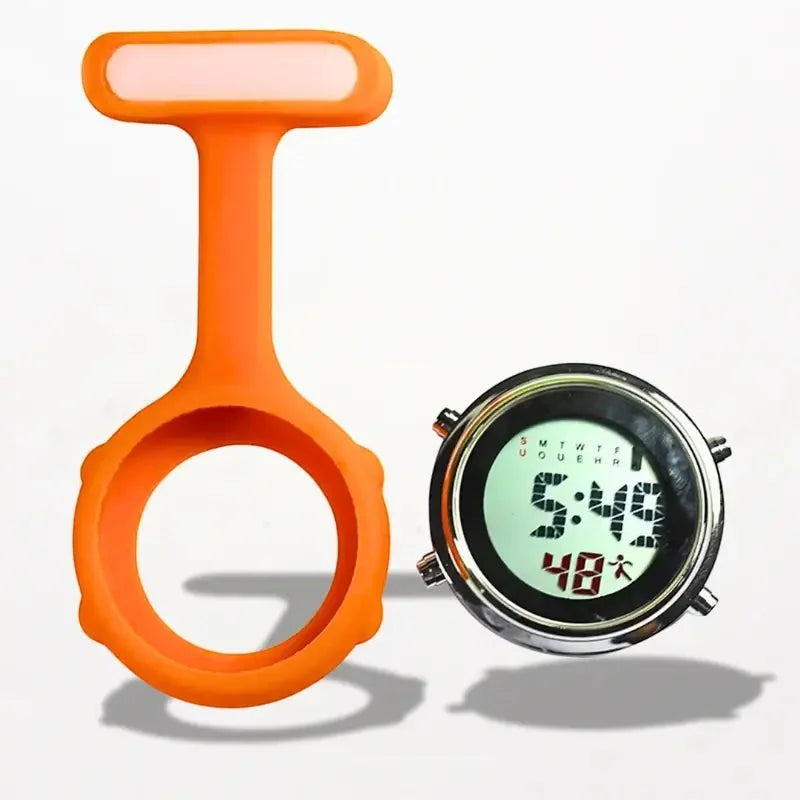 Orange silicone digital nurse watch clip showing time and temperature on the watch face