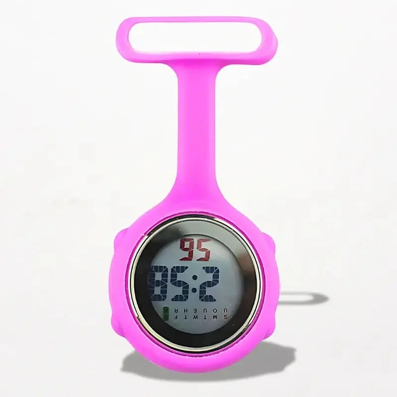 Pink silicone digital nurse watch with clip showing time and heart rate for medical professionals