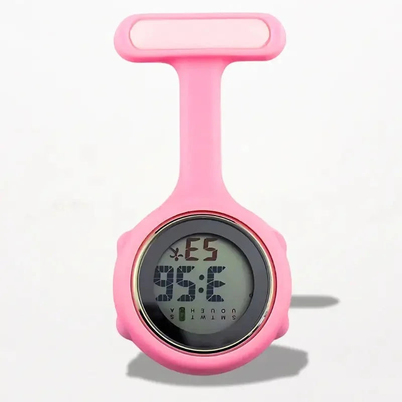 Digital nurse watch with pink silicone pin and digital display showing time and date for medical use