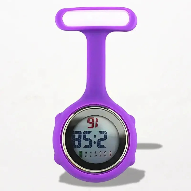 Purple silicone digital nurse watch with clip and time display for medical professionals