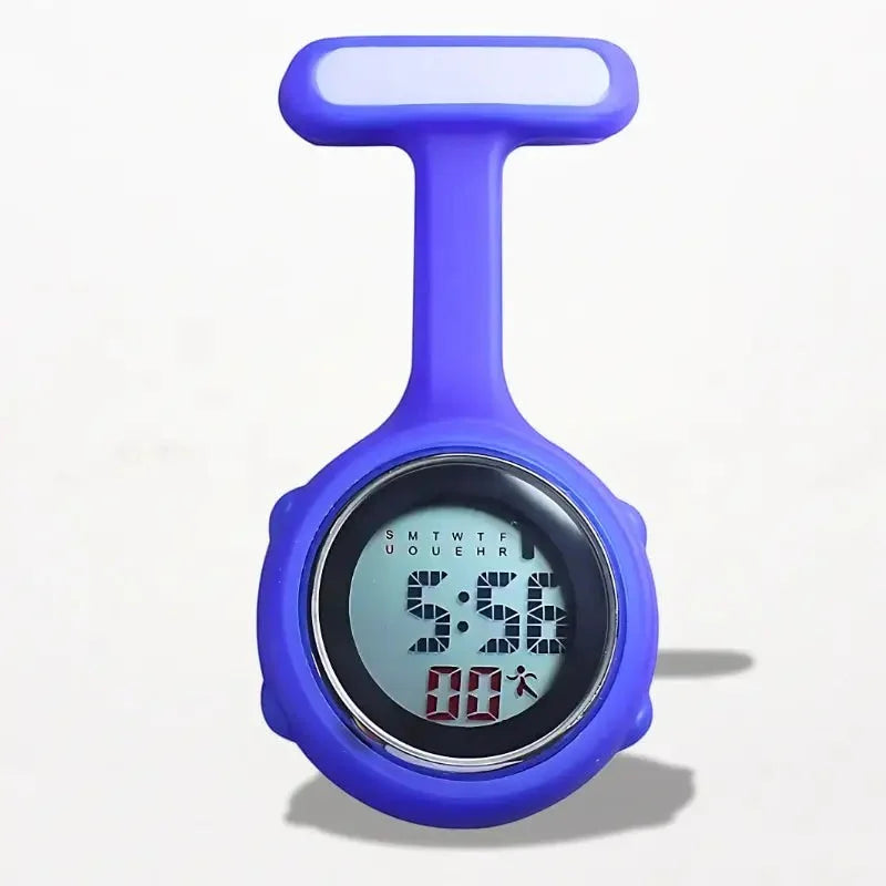 Digital nurse watch purple silicone clip with digital display showing time and day for medical use