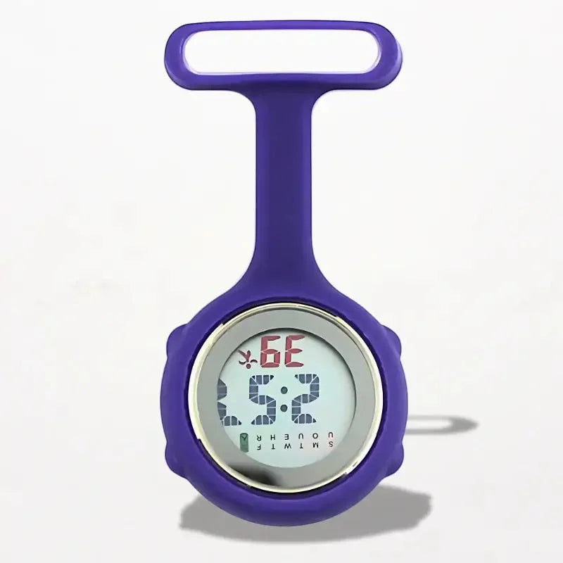 Purple silicone digital nurse watch with clip and display showing time and date for medical professionals