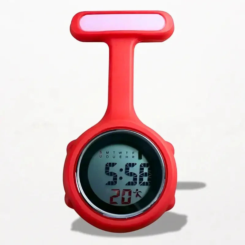 Red silicone digital nurse watch with clip showing time and temperature for medical use