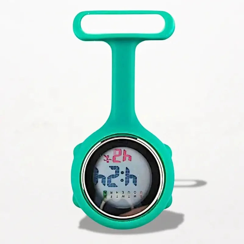 Teal silicone digital nurse clip watch with a circular face and bold red numerals for medical use