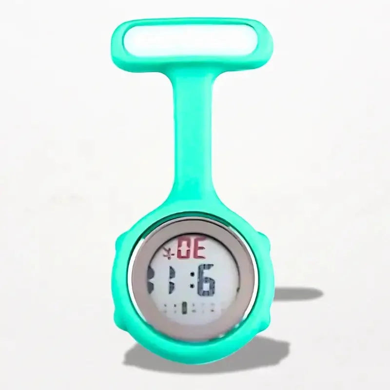 Teal silicone digital nurse watch with clip and display showing time and date for medical use