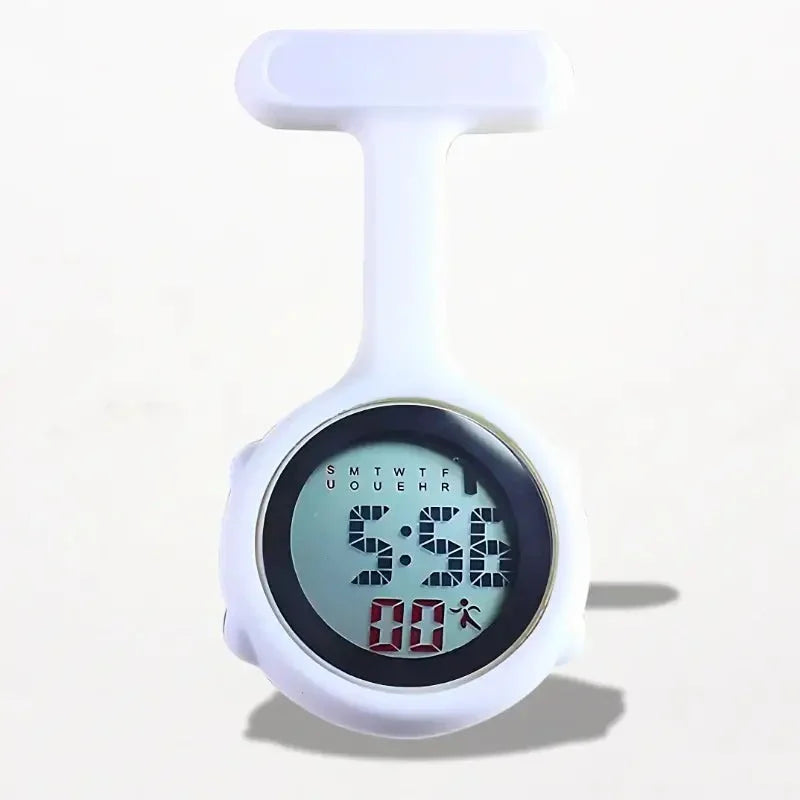 White digital nurse watch with round face showing time and day featuring sleek plastic body for medical use
