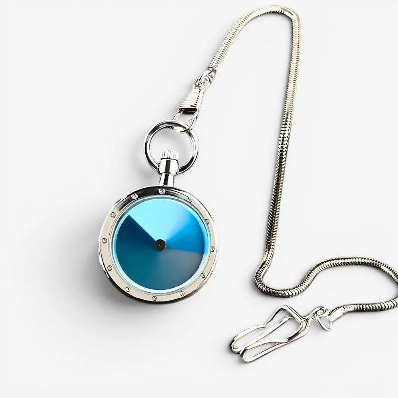 Silver-toned digital pocket watch for men with vibrant blue gradient face and sleek metallic chain