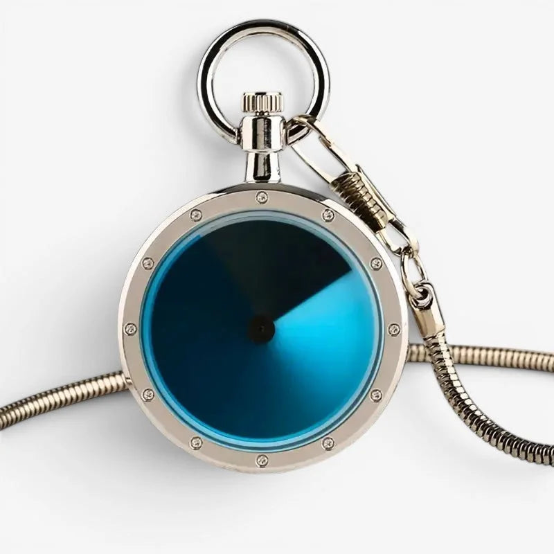 A sleek silver digital pocket watch for men with a vibrant gradient blue face and coiled metal chain