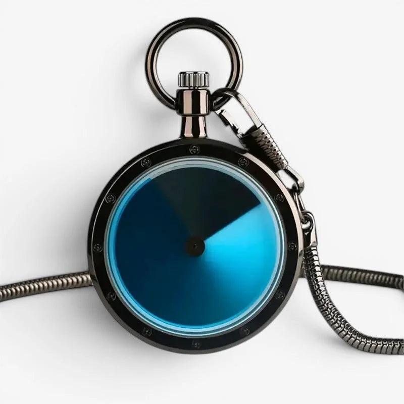 A sleek black digital pocket watch with a gradient blue face metallic accents and an attached snake chain