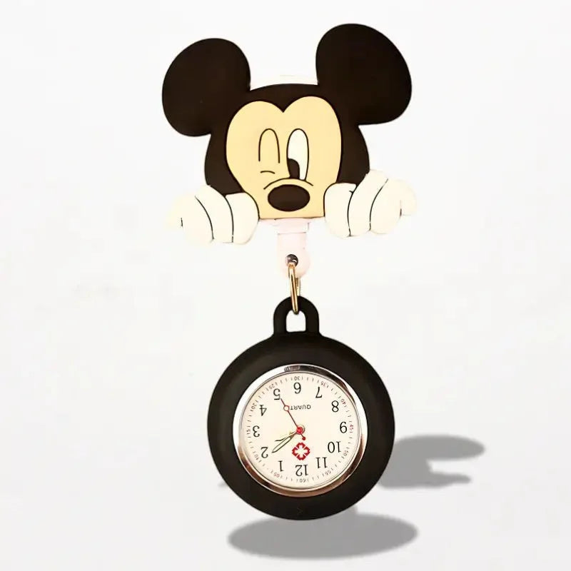 Black Mickey Mouse-themed nurse watch with round face white dial and red hands and numerals for medical use