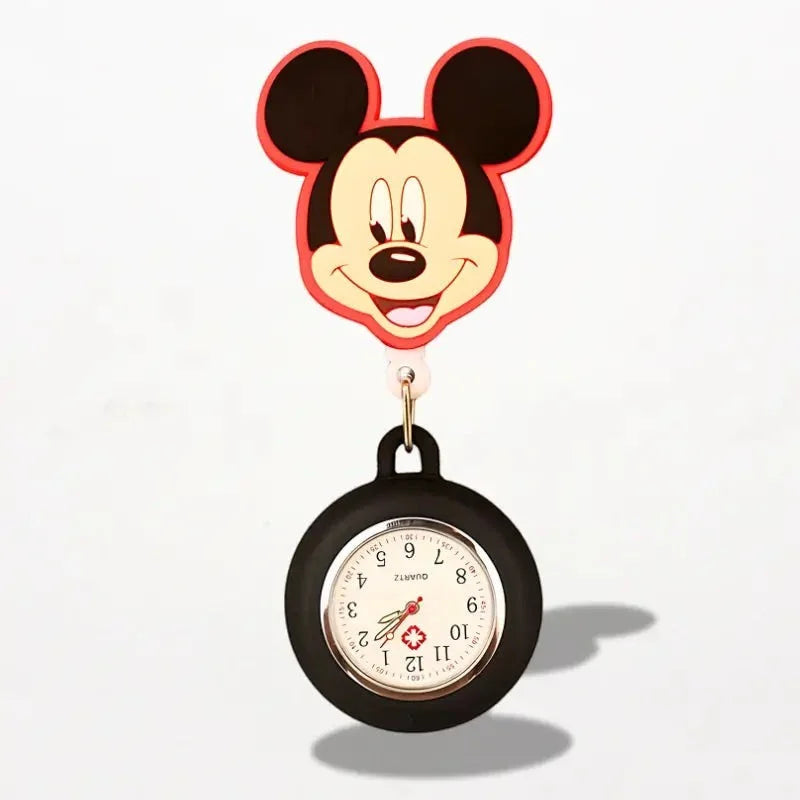 Black mickey mouse-themed disney nurse watch with red-trimmed face and cream-colored dial retractable pocket watch