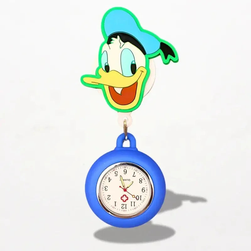 Blue silicone framed disney nurse watch with donald duck character charm on top and pocket watch design