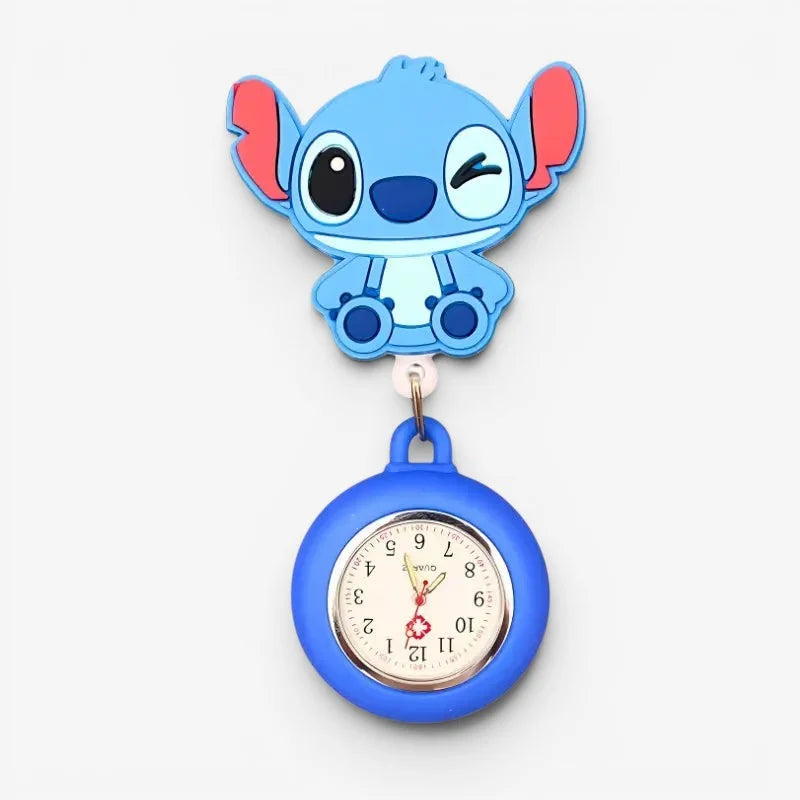 Blue stitch-themed disney nurse watch with retractable clip soft silicone body and classic analog face