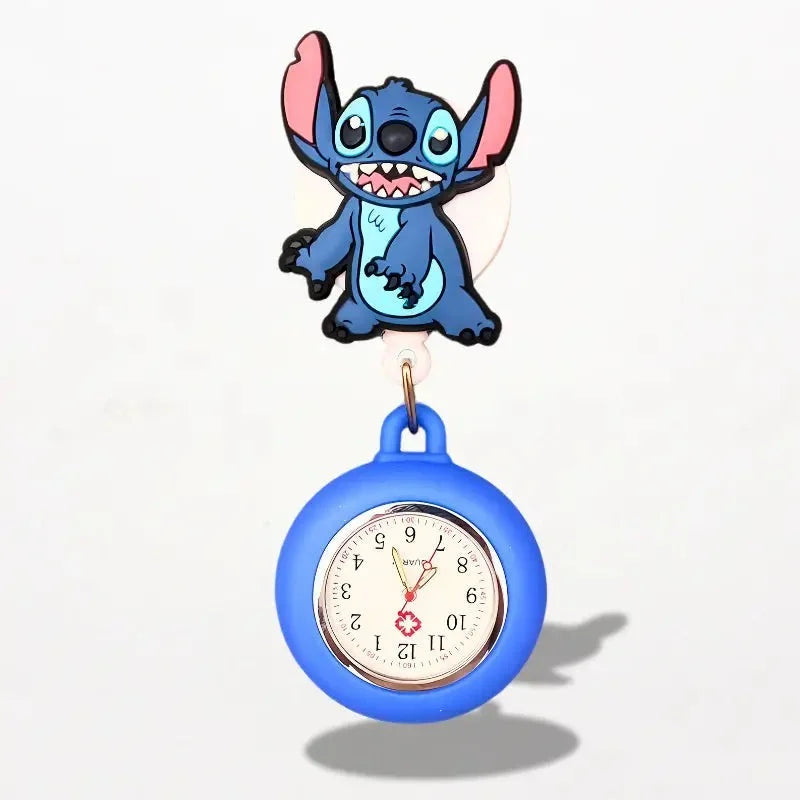 Blue stitch-themed disney nurse watch with retractable silicone casing and white face featuring red hands