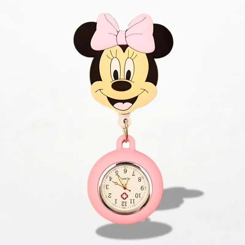 Pink minnie mouse-themed disney nurse watch with soft silicone casing and classic analog face for healthcare use