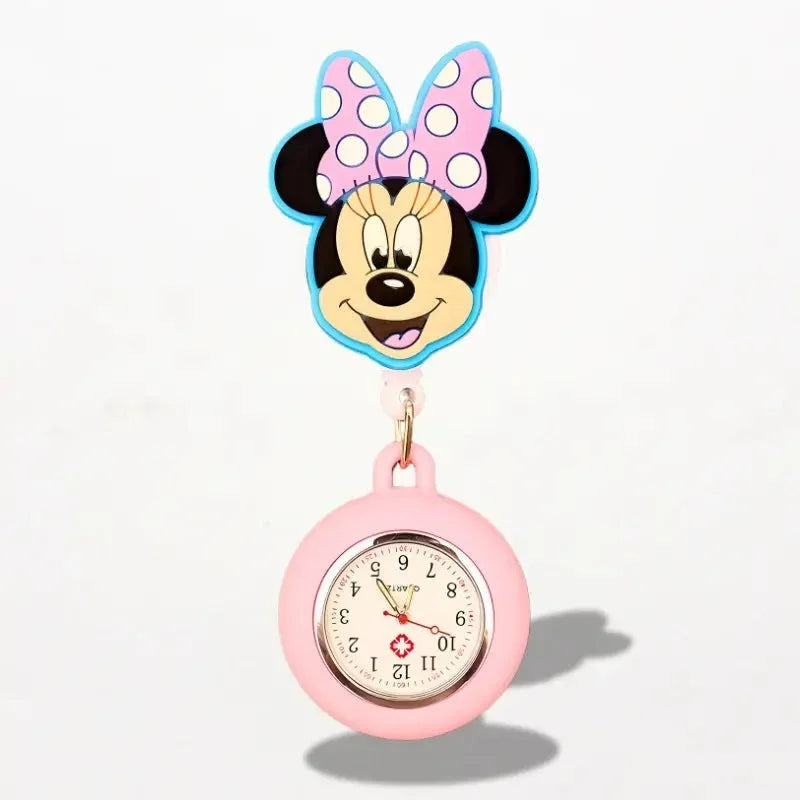 Pink minnie mouse-themed retractable nurse watch with polka-dotted bow and round face for medical professionals