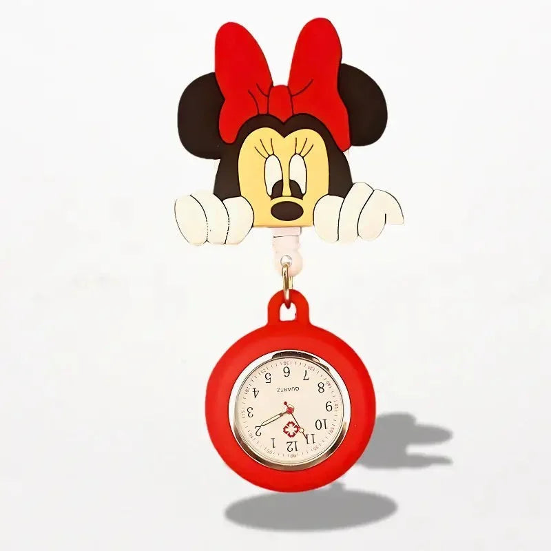 Red minnie mouse-themed disney nurse watch with round face and red silicone casing pocket watch design