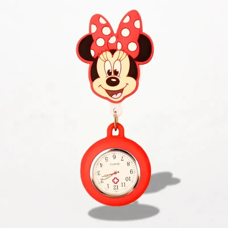 Red silicone Disney nurse watch featuring Minnie Mouse design with polka-dot bow and round face for medical use