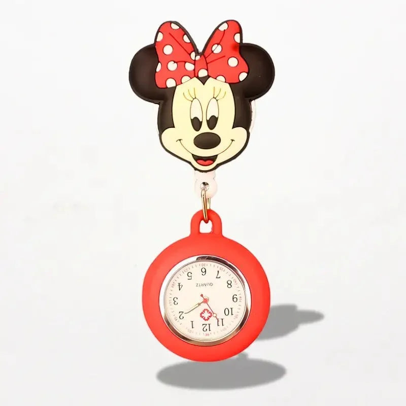 Red silicone disney nurse watch shaped like minnie mouse with a polka dot bow and round face pocket watch