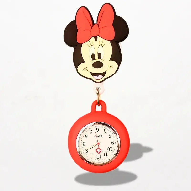 Red silicone minnie mouse-themed disney nurse watch with retractable pocket watch and white face with black numerals