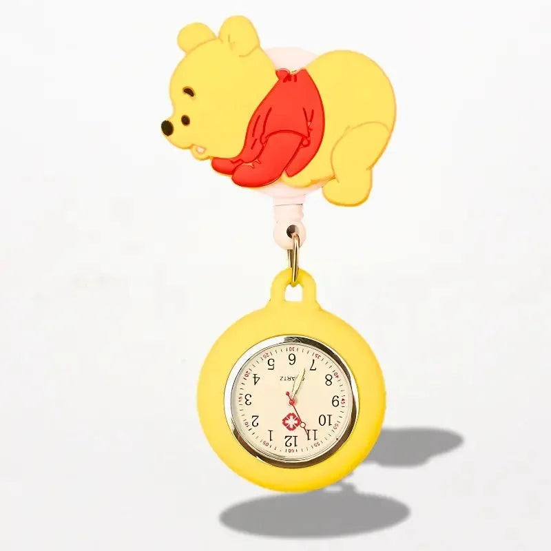 Yellow winnie the pooh disney nurse watch clip with red shirt and attached yellow silicone watch face