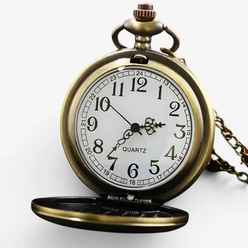 Antique brass-finished doctor who pocket watch with white dial black arabic numerals and ornate hands