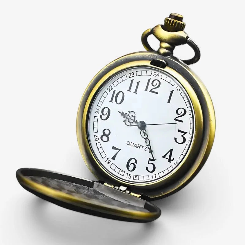 Antique brass-finished dolphin pocket watch with white face and black arabic numerals and hands