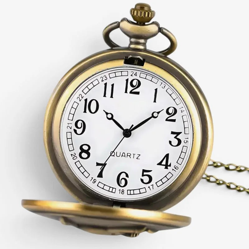 Antique brass-finished donald duck pocket watch with white dial black arabic numerals and quartz movement