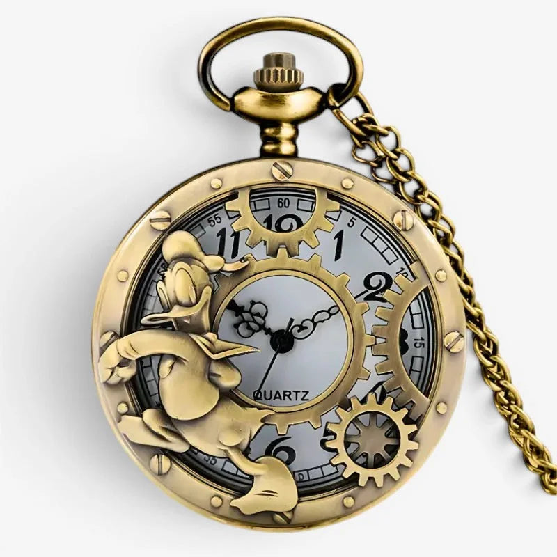 Golden pocket watch featuring detailed sculpted Donald Duck design with visible gears and quartz movement