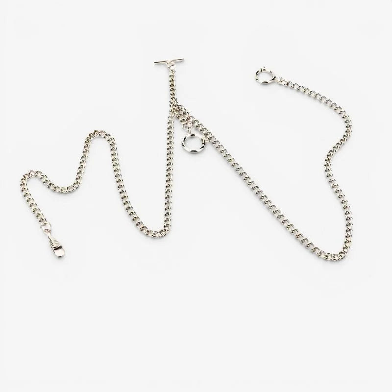 Double pocket watch chain in silver-toned metal with t-bar clasp adjustable links and small circular ring