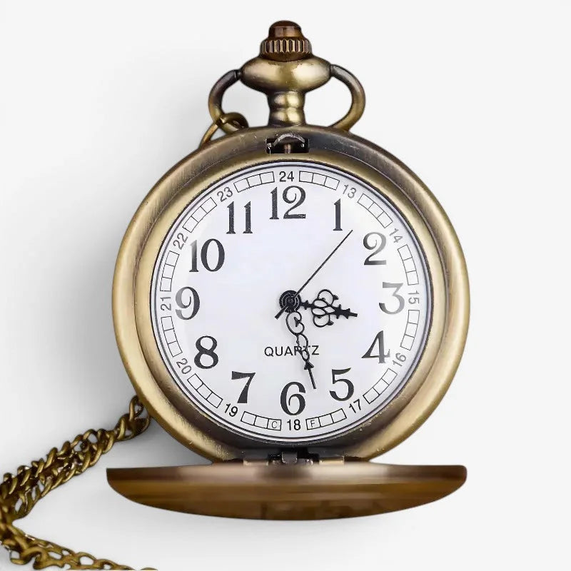Antique brass-finished dragon design pocket watch with white dial black arabic numerals and ornate hands