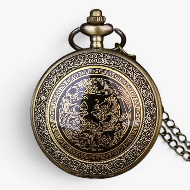 Antique brass dragon design pocket watch with intricate gold embossed dragon and phoenix on black enamel face