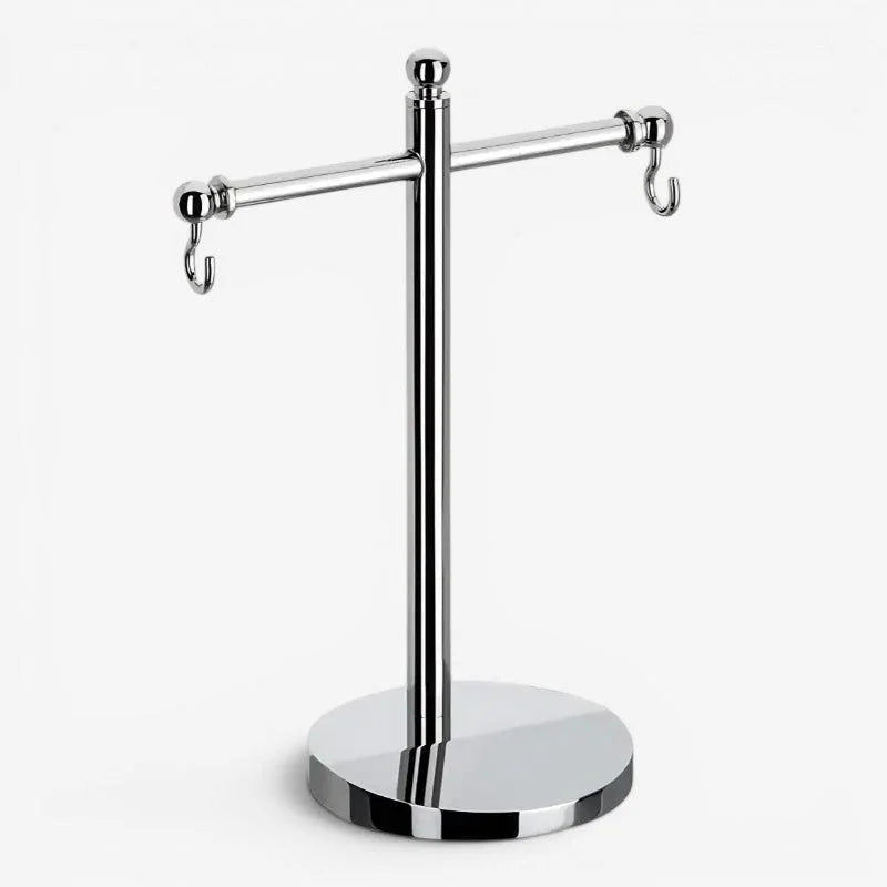 Chrome-finished metal dual pocket watch stand with two hooks and a round base for organizing watches