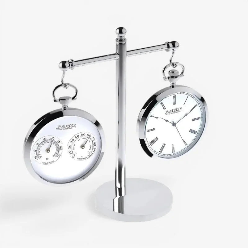 Silver-toned jean clicq dual pocket watch stand with classic clock and thermometer set featuring roman numerals and dual dials