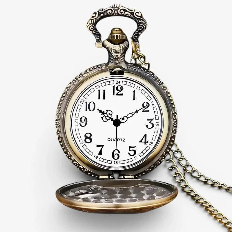 Antique-style eagle pocket watch with silver-toned ornate engraved casing white face and black roman numerals quartz movement