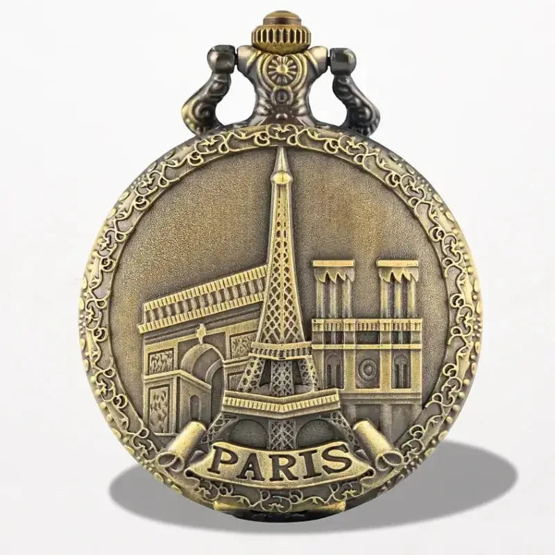 Antique brass-colored eiffel tower pocket watch with embossed paris landmarks and ornate scrollwork design
