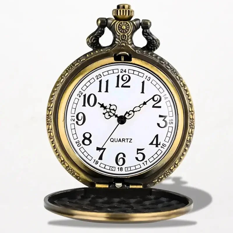Antique brass-finished eiffel tower pocket watch with white dial black arabic numerals and ornate top cap