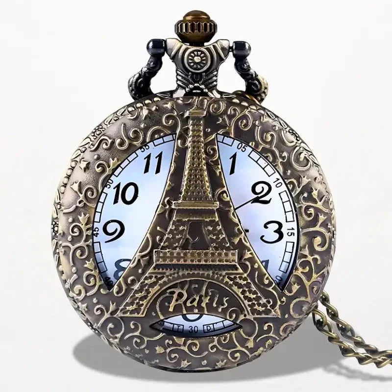 Antique bronze eiffel tower pocket watch with intricate swirls and light blue clock face marked in black numerals