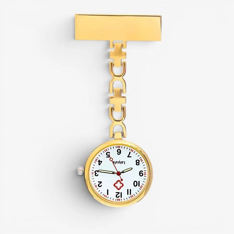 Elegant nurse watch with gold-colored pin, white face, black numerals, and red hands for medical professionals