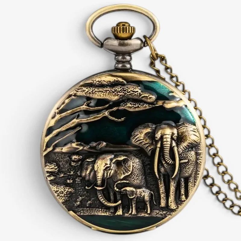 Antique brass elephant pocket watch with engraved elephant family scene on dark green enamel and matching chain