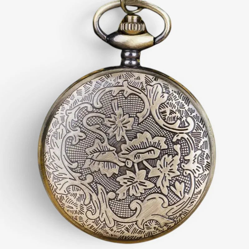 Emerald pocket watch brass antique style with intricate floral and vine engraving on circular face