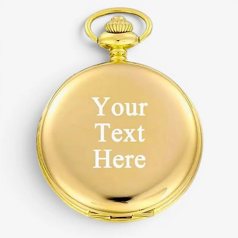 Engraved gold pocket watch with a polished circular face and ornate winding crown in gold color