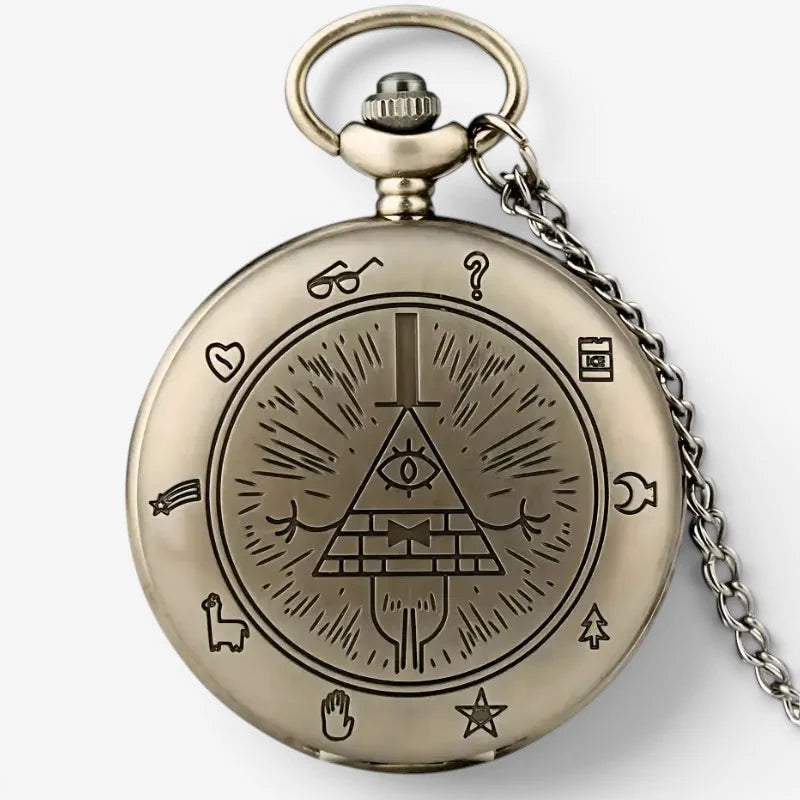 Antique brass finished eye of providence pocket watch with bill cipher symbol engraved details and silver chain