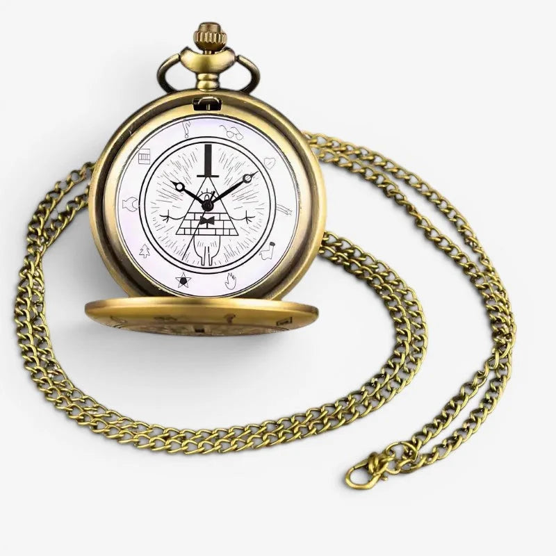 Antique gold finished eye of providence pocket watch with white face featuring bill cipher symbol and brass chain