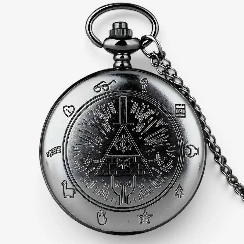 Black metallic eye of providence pocket watch with engraved mystical symbols on its circular face