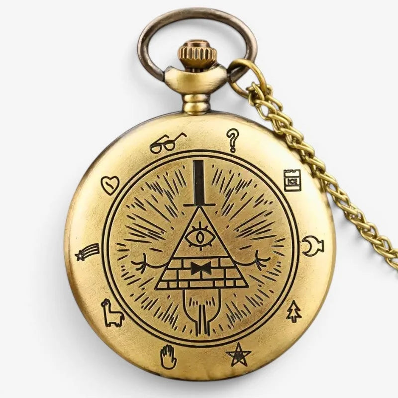 Golden brass eye of providence pocket watch featuring bill cipher symbol with intricate engravings and matching chain