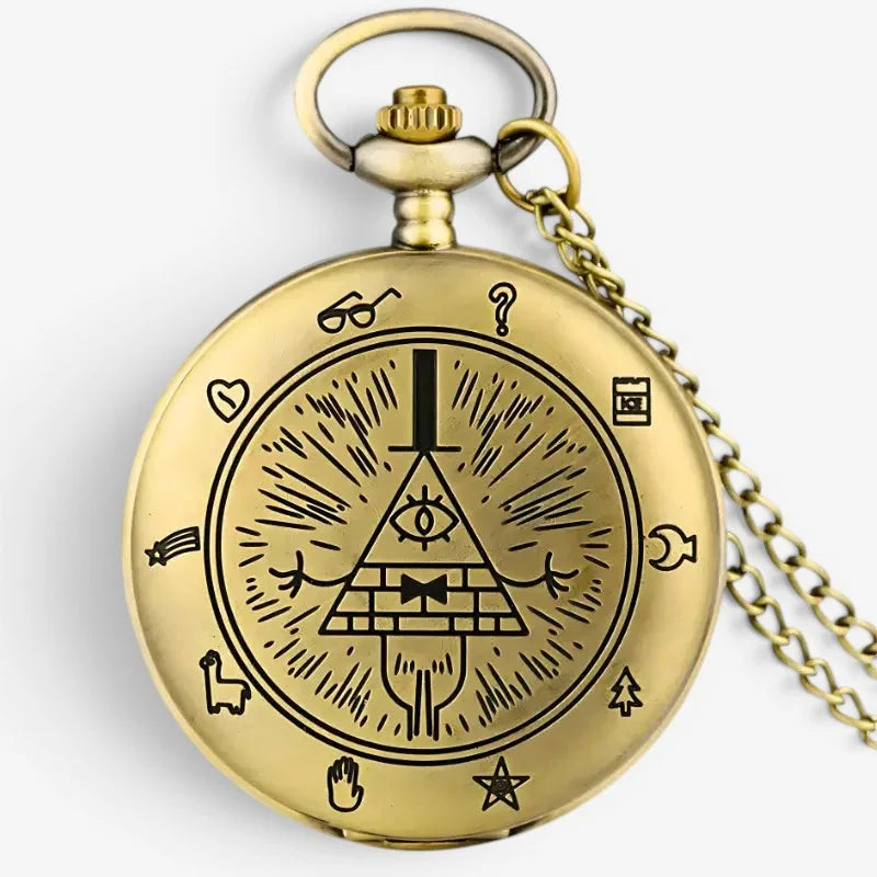 Eye of Providence pocket watch with detailed bill cipher engraving black line art on brass face and gold chain