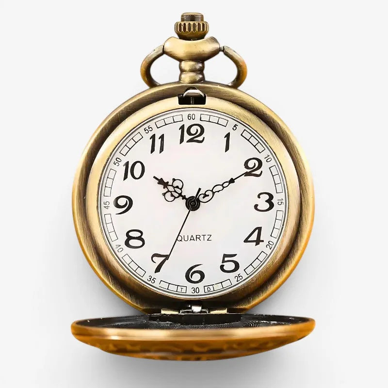 Antique brass-finished fantasy pocket watch with white dial black arabic numerals and ornate hands
