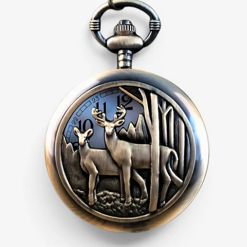 Antique bronze-finished forest deer pocket watch featuring a detailed relief of two deer in a forest scene on its face