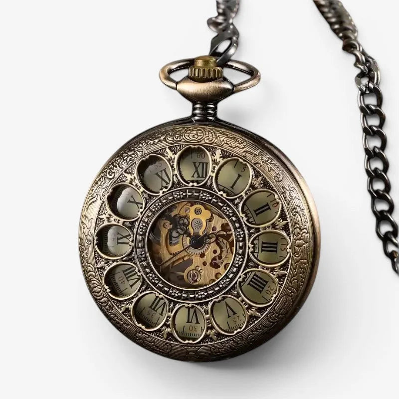 French pocket watch antique brass with intricate engravings roman numeral face and visible internal gearwork